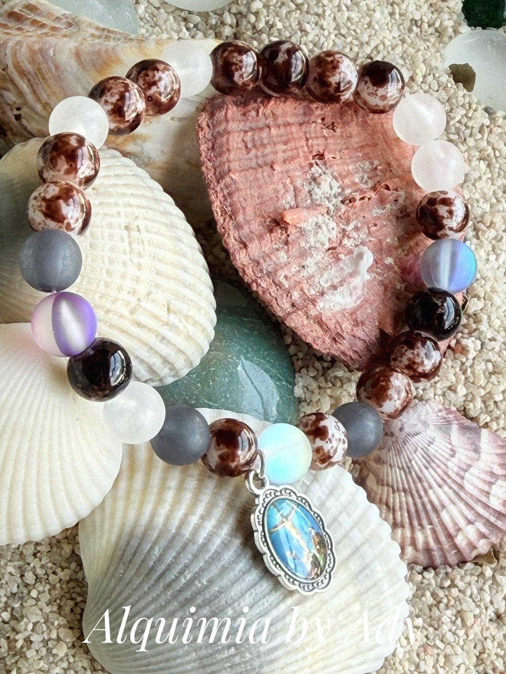 Brown, White & Blue Beaded Bracelet with Inspirational Charm - Picture 2 of 3